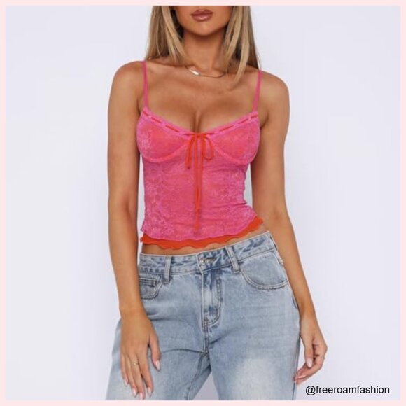 Y2K Spaghetti Strap Camisole Lace Trim Square Neck Tank Top Streetwear - Picture 4 of 6